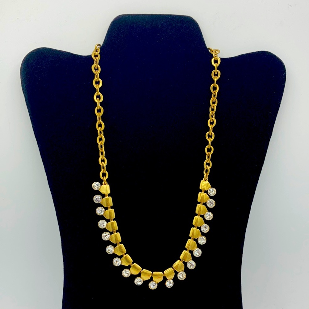 J. Crew Gold Tone Brass Necklace White Crystal Rhinestones Bling Brutalist